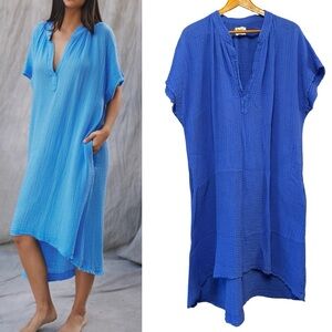 9Seed TUNISIA short sleeve caftan in lightweight gauze blue swim cover dress o/s